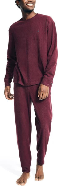 Nautica Men's Waffle Pajama Pant Set, Royal Burgundy, XL