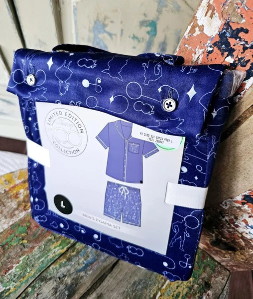DISNEY 100 Years Satin Pyjama Set Mens SIZE LARGE Blue Short Sleeve BNWT