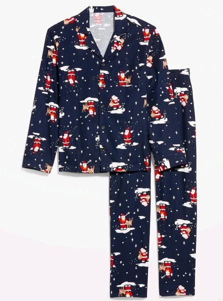 Old Navy Printed Flannel Pajama Set Men's S Small Christmas Print Santa Navy