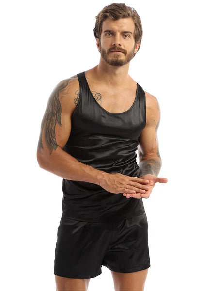 Mens Satin Pajamas Set Lounge Shorts Tank Top Silk Shirt Sleepwear Nightwear