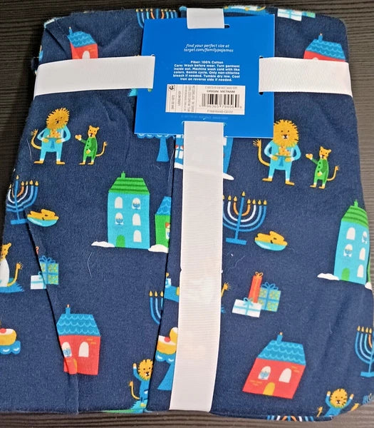 Hanukkah Menorah Men’s XL Blue  Pajama Set Dreidel Lion Jewish 100% Cotton NWT