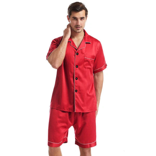 Mens Satin Pajamas Set Short Sleeves Button Down Shirt with Shorts Sleepwear Pjs