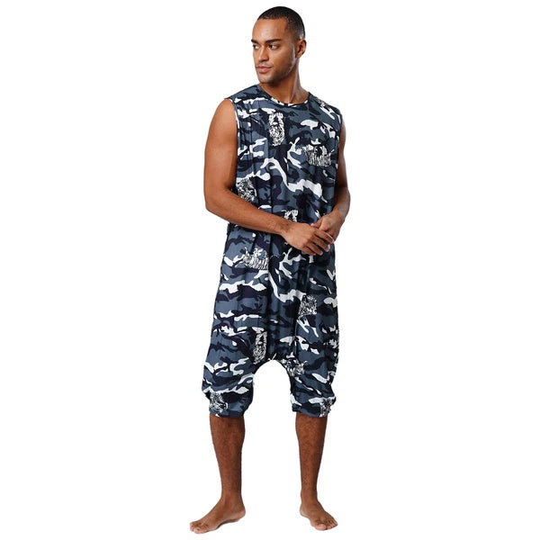Men's Loose Romper Pajamas Jumpsuit Sleepwear Zipper Crotch One Piece Bodysuit