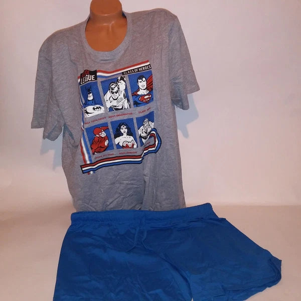 Justice League Pajama Set Top & Bottom Mens Blue Gray Graphic Tee Short Sleeve
