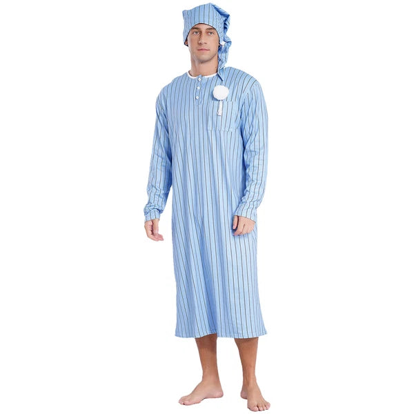 Men's Sissy Nightwear Loose Striped Robe Long Sleeve Nightshirt Cap Pajama Sets