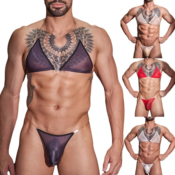 Man Nightwear See Through Set Gay Crossdress Transparent Lingerie Silky Satin
