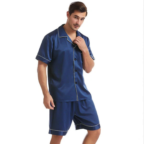Mens Satin Pajamas Set Short Sleeves Button Down Shirt with Shorts Sleepwear Pjs