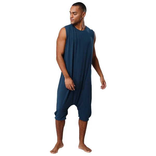 Men's Loose Romper Pajamas Jumpsuit Sleepwear Zipper Crotch One Piece Bodysuit