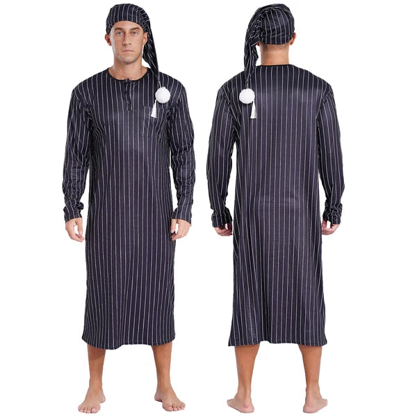 Men's Sissy Nightwear Loose Striped Robe Long Sleeve Nightshirt Cap Pajama Sets
