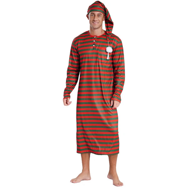 Men's Nightshirt Striped Loose Sleepwear Night Pajama Set Robe with Sleeping Cap
