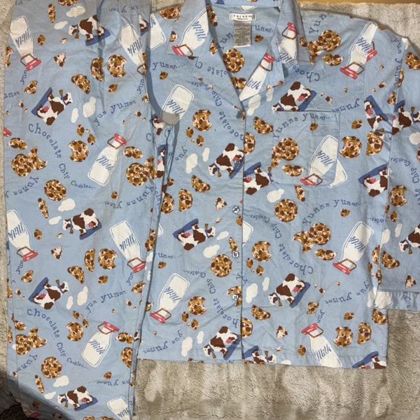 Vintage 90’s ESLEEP Pajamas Set Sz XL Cows Milk Cookies New Pants Top Loungewear