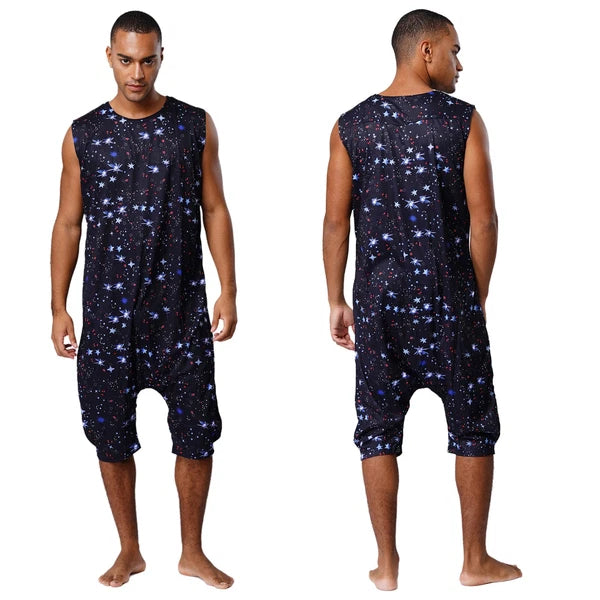 Men's Loose Romper Pajamas Jumpsuit Sleepwear Zipper Crotch One Piece Bodysuit