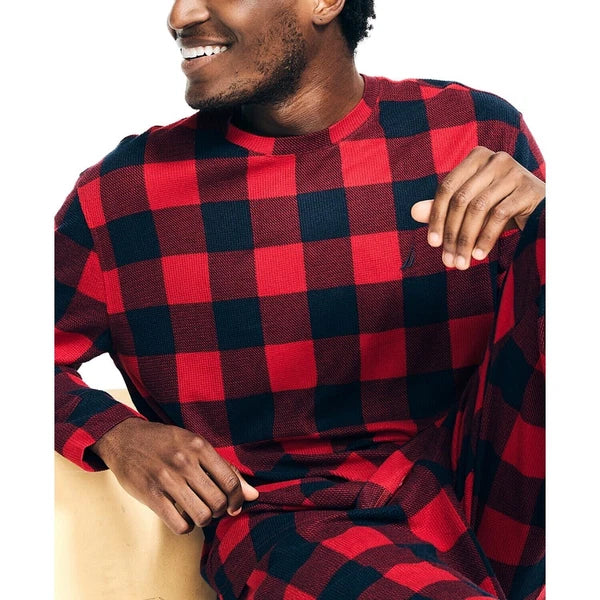 Nautica Men's Waffle Buffalo Plaid Pajama Pant Set, Red Large