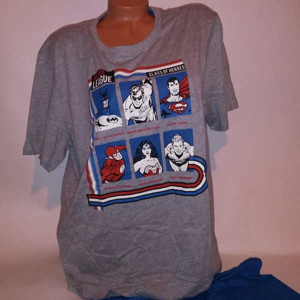 Justice League Pajama Set Top & Bottom Mens Blue Gray Graphic Tee Short Sleeve
