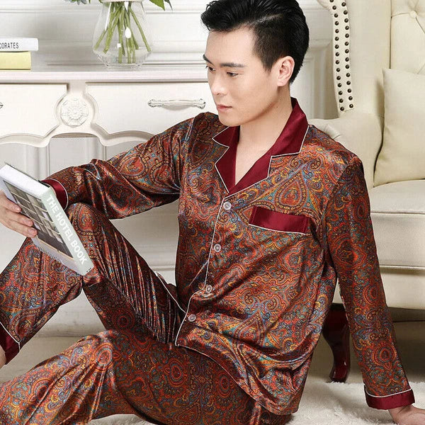 Men Silk Satin Pajamas Set Pyjamas Luxury Set Long Sleeve Sleepwear Loungewear*n