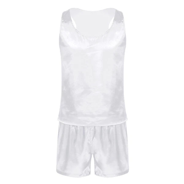 Mens Satin Pajamas Set Lounge Shorts Tank Top Silk Shirt Sleepwear Nightwear