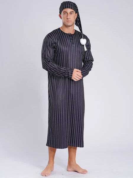 Men's Sissy Nightwear Loose Striped Robe Long Sleeve Nightshirt Cap Pajama Sets