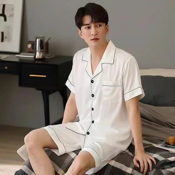 Mens Satin Pajamas Set Short Sleeves Button Down Shirt with Shorts Sleepwear Pjs