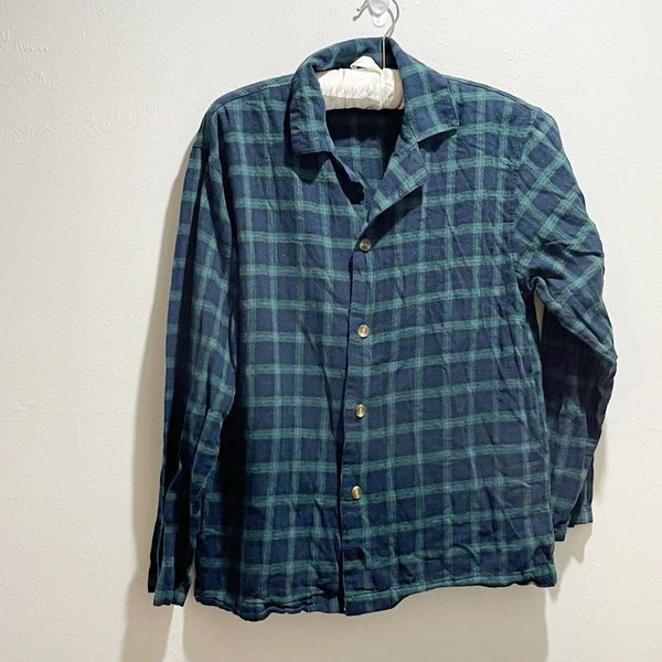 ALEXANDER DEL ROSSA Men’s Blue Green Flannel Plaid Pajama Set Button Up Size S