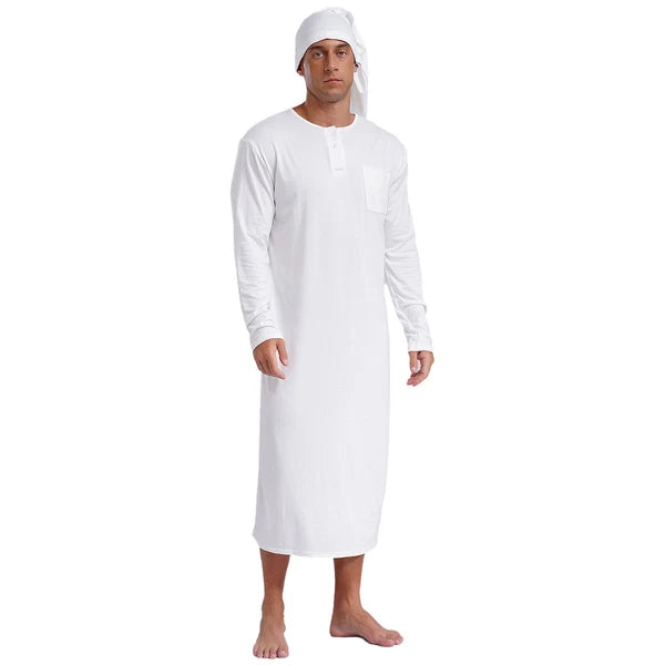 Men's Sissy Nightwear Loose Striped Robe Long Sleeve Nightshirt Cap Pajama Sets