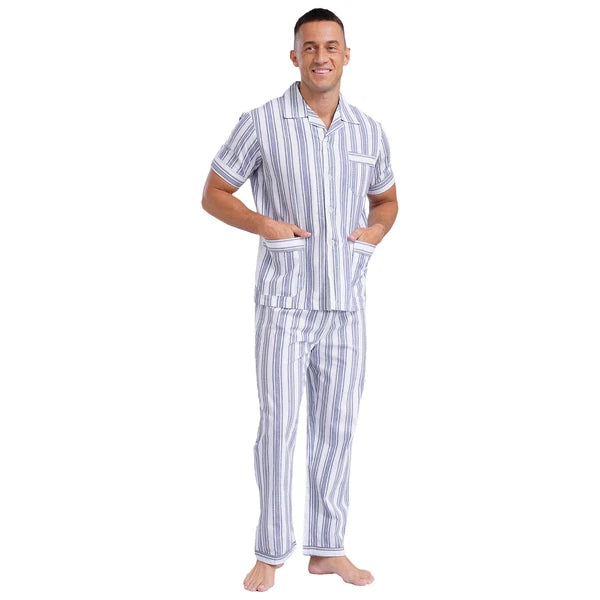 Mens Pajama Set Button Down Sleepwear Shirt Homewear Striped Nightgown Pockets