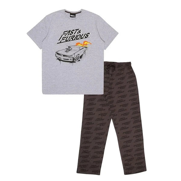Fast and Furious Text Logo Long Pyjamas Set Adults Large Grey Charcoal Mens