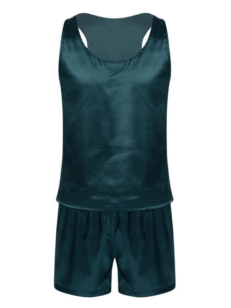 Mens Satin Pajamas Set Lounge Shorts Tank Top Silk Shirt Sleepwear Nightwear