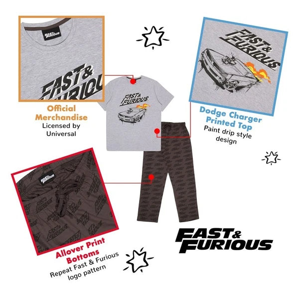 Fast and Furious Text Logo Long Pyjamas Set Adults Large Grey Charcoal Mens