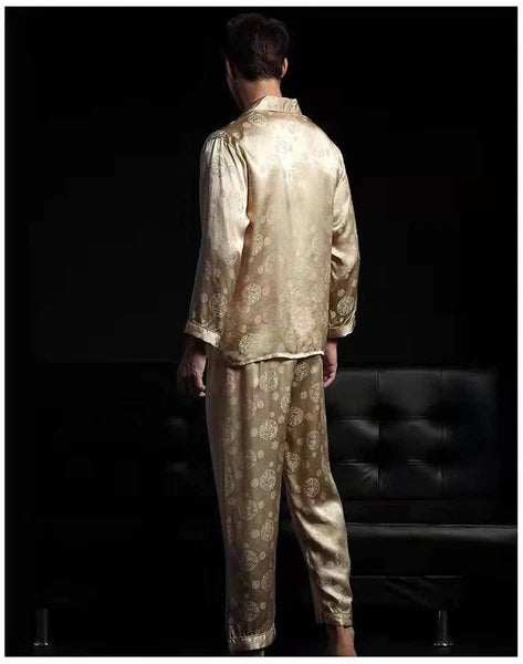Men's 100% Mulberry Silk Pajamas Set Long Sleeves Silk Sleepwear S M L
