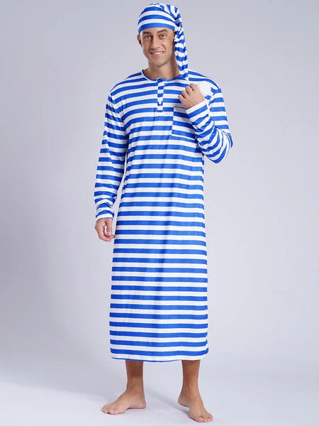 Men's Nightshirt Striped Loose Sleepwear Night Pajama Set Robe with Sleeping Cap