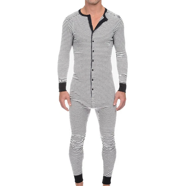 Men Striped One piece Jumpsuits Nightwear 1onesie Pyjamas Long Sleeve Pajamas