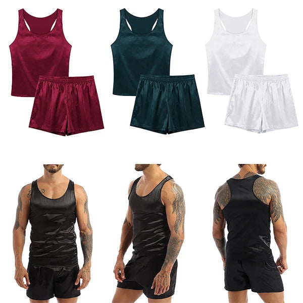 Mens Satin Pajamas Set Sleeveless Tank Top with Shorts Sleepwear Nightwear