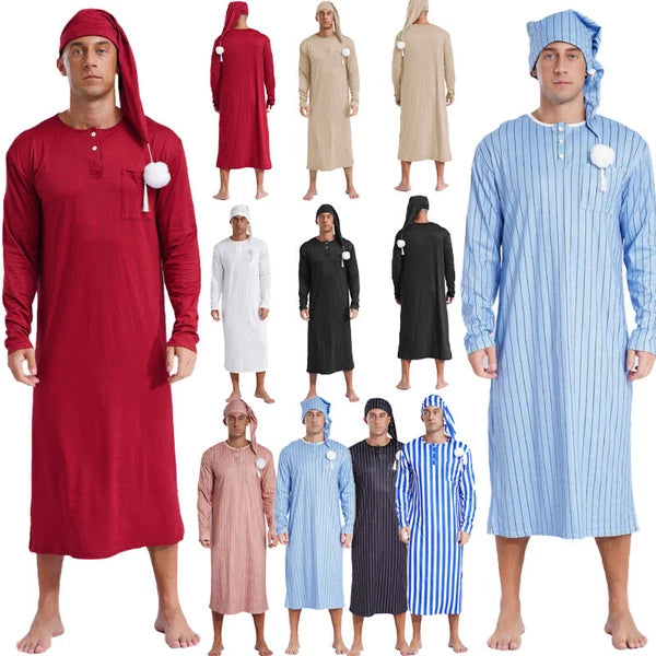Men's Sissy Nightwear Loose Striped Robe Long Sleeve Nightshirt Cap Pajama Sets
