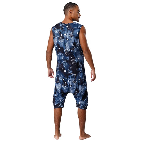 Men's Loose Romper Pajamas Jumpsuit Sleepwear Zipper Crotch One Piece Bodysuit