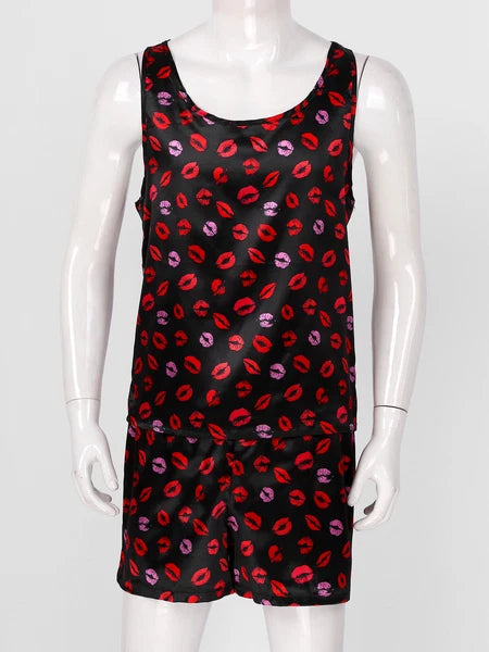Mens Satin Pajamas Set Sleeveless Tank Top with Shorts Sleepwear Nightwear