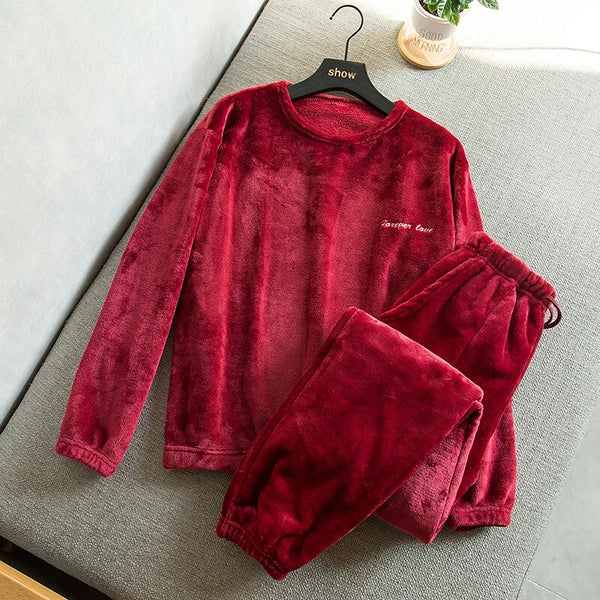Men Nightwear Pajama Set Flannel Coral Fleece Pullover Tops Soft Long Sleeve New