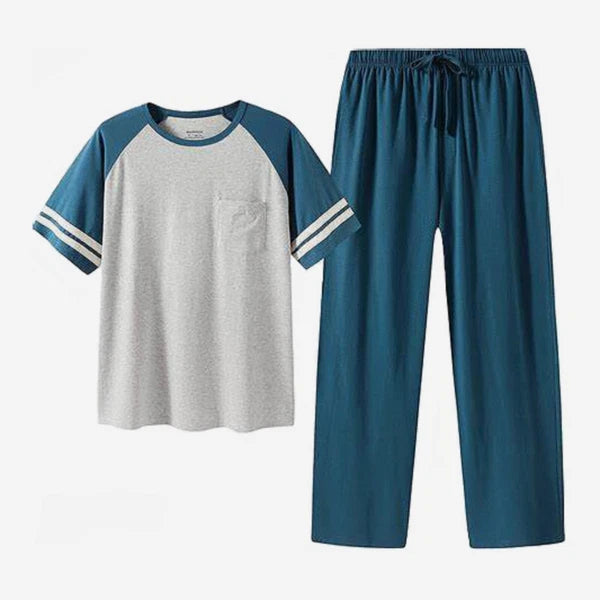 Lightweight Cotton Spandex Stretchy Long PJ Set Blue Gray Large Men's