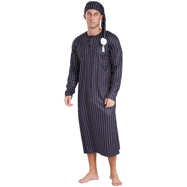 Men's Sissy Nightwear Loose Striped Robe Long Sleeve Nightshirt Cap Pajama Sets