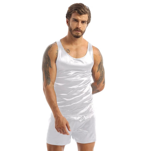 Mens Satin Pajamas Set Lounge Shorts Tank Top Silk Shirt Sleepwear Nightwear