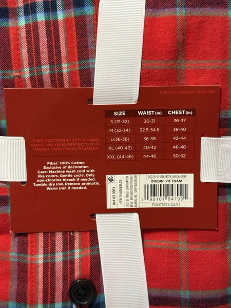 New! Target Wondershop Men's Red Plaid Cotton Pajamas Set, Size Large