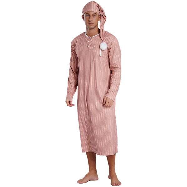 Men's Sissy Nightwear Loose Striped Robe Long Sleeve Nightshirt Cap Pajama Sets