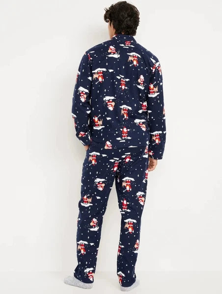 Old Navy Printed Flannel Pajama Set Men's S Small Christmas Print Santa Navy
