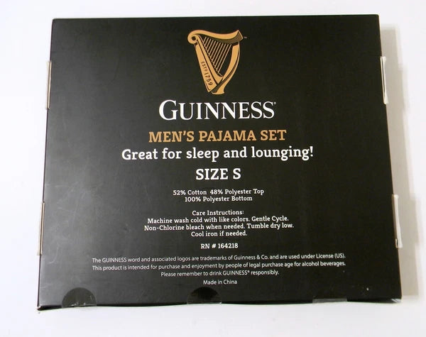 Guinness Men’s Pajama Set w Bottle Opener Grey Long Sleeve Top Black Pants Sz S
