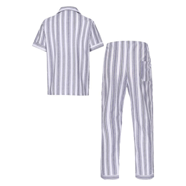 Mens Pajama Set Button Down Sleepwear Shirt Homewear Striped Nightgown Pockets
