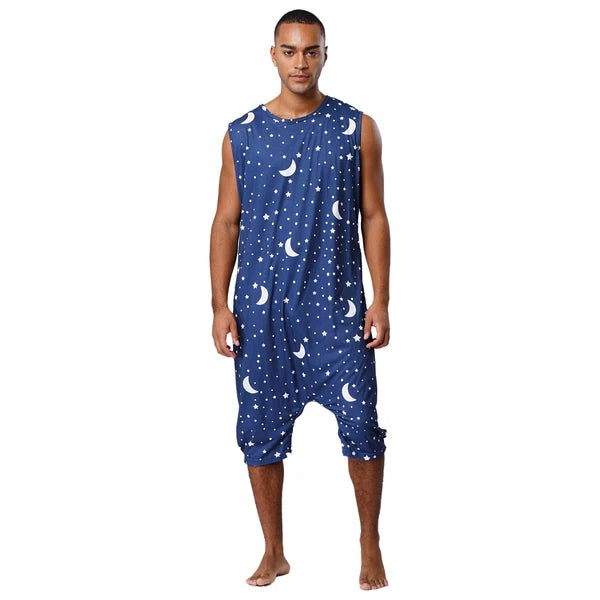 Men's Loose Romper Pajamas Jumpsuit Sleepwear Zipper Crotch One Piece Bodysuit