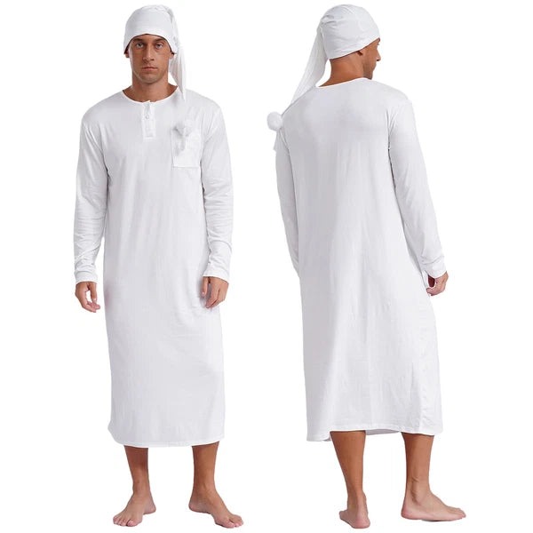 Men's Sissy Nightwear Loose Striped Robe Long Sleeve Nightshirt Cap Pajama Sets