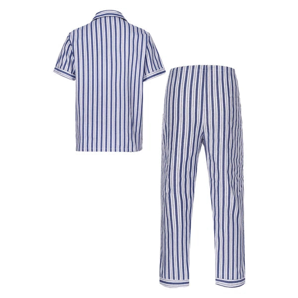 Mens Pajama Set Button Down Sleepwear Shirt Homewear Striped Nightgown Pockets