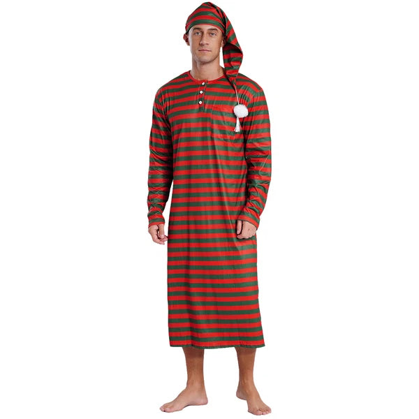 Men's Nightshirt Striped Loose Sleepwear Night Pajama Set Robe with Sleeping Cap