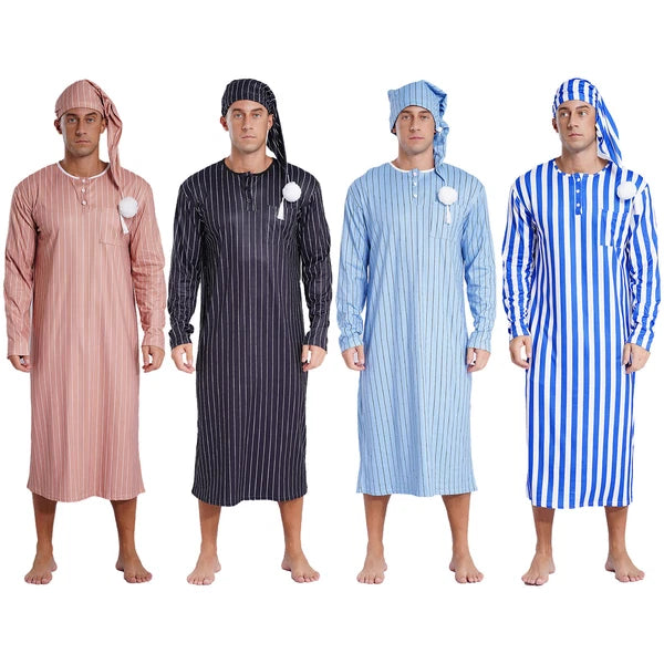 Men's Sissy Nightwear Loose Striped Robe Long Sleeve Nightshirt Cap Pajama Sets