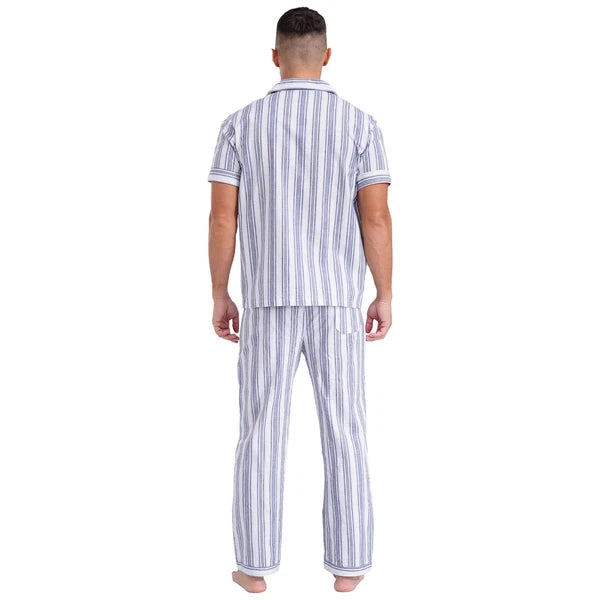 Mens Pajama Set Button Down Sleepwear Shirt Homewear Striped Nightgown Pockets
